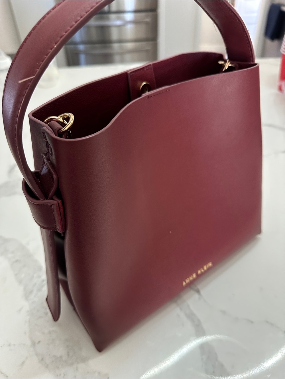 Anne Klein Wine-Red Structured Shoulder Bag with Gold Accents